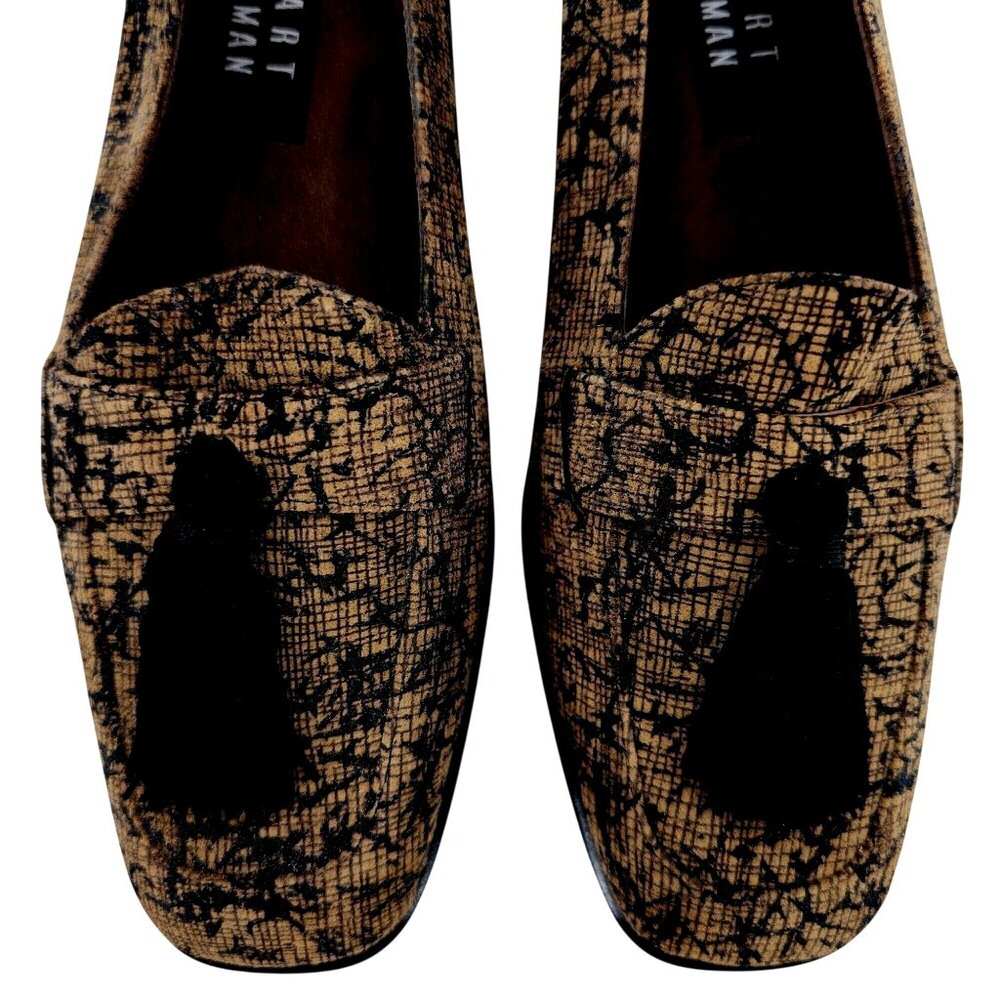 Stuart Weitzman Women's size 6.5AA Brown Black Tweed Dress Shoes Tassel Loafers - Picture 2 of 10